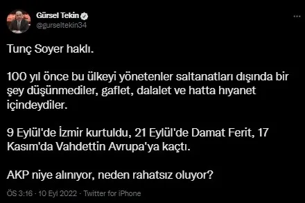 CHP Osmanlı Devleti’ne hakaretleri sürdürüyor: Gürsel Tekin Tunç Soyer’e arka çıktı!