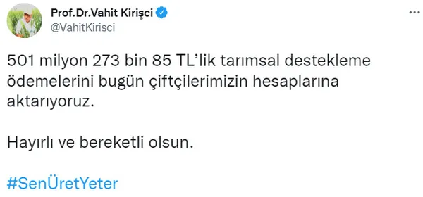 Çiftçilerin alacağı tarımsal destek ödemesi ne zaman yatacak? Bakan Vahit Kirişçi tarih verdi