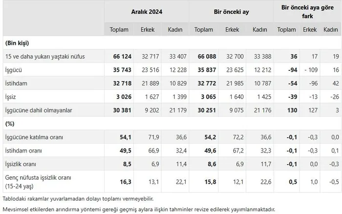 issizlik-dusmeye-devam-ediyor-2024un-son-isgucu-istatistikleri-verisi-aciklandi-1739171338724.jpeg Mevsim etkisinden arındırılmış temel işgücü göstergeleri, 15+ yaş, Aralık 2024 (TÜİK)