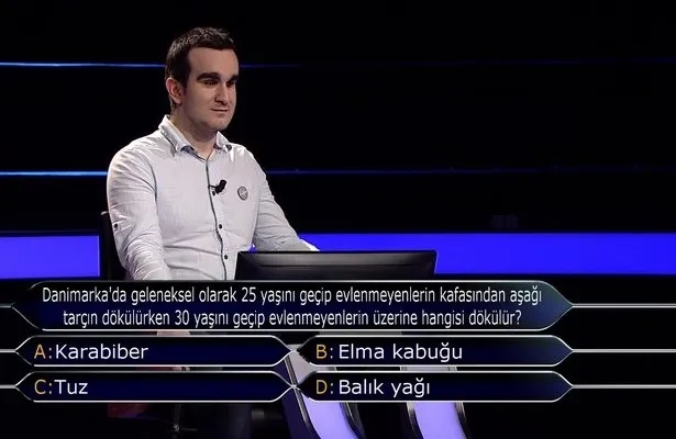 Danimarka'da geleneksel olarak 25 yaşını geçip evlenmeyenlerin kafasından aşağı tarçın dökülürken 30 yaşını geçenlerin başından ne dökülür? - 1