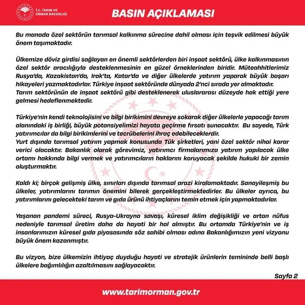 Tarım ve Orman Bakanlığı: Türkiye Cumhuriyeti Devleti adına yurt dışında arazi kiralanması söz konusu değildir - 2