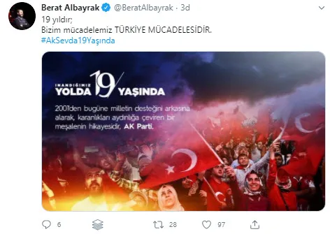 Son dakika: Hazine ve Maliye Bakanı Berat Albayrak’tan dikkat çeken paylaşım: #AkSevda19Yaşında