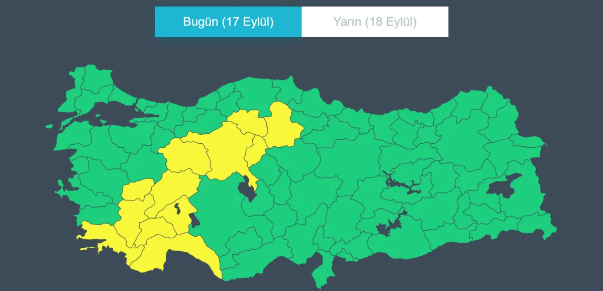 17-eylul-hava-durumu-kuvvetli-yagis-firtina-ve-sel-uyarisi-1789627358051.png Meteoroloji Genel Müdürlüğü, gök gürültülü sağanak nedeniyle Ankara, Antalya ve Muğla’nın da aralarında bulunduğu 12 il için sarı kodlu uyarı yayımladı.