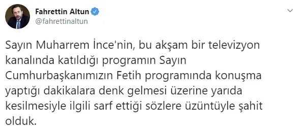 Katıldığı programın Başkan Erdoğan’a bağlanması üzerine yayını terk eden CHP’li Muharrem İnce’ye cevap