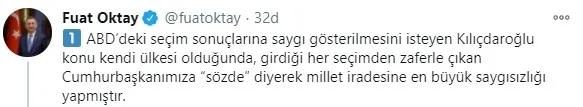 Cumhurbaşkanı Yardımcısı Fuat Oktay: Kemal Kılıçdaroğlu millet iradesine en büyük saygısızlığı yaptı