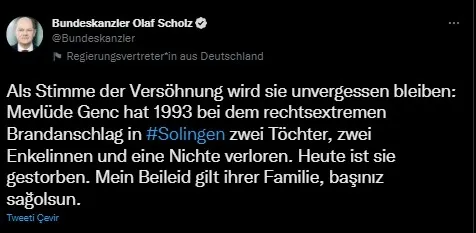 Almanya Başbakanı Scholz’den Mevlüde Genç için başsağlığı mesajı