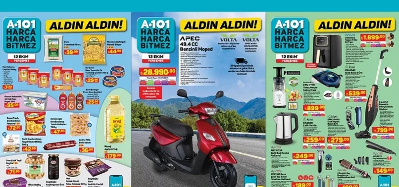 14 Ekim A101 aktüel ürünler kataloğu yayınlandı! 28 bin TL’ye benzinli Moped, 179 TL’ye 5L sıvı yağ 299 TL’ye Mop Kova seti, 22 TL’ye 2kg un satışa sunuluyor