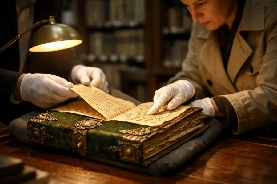 100-yillik-sir-cozuldu-kayip-el-yazmasi-internet-ilaninda-ortaya-cikti-1775755181491.jpg A realistic news-style photograph of a 17th century historical manuscript placed on a wooden archival table inside an old European archive library. The manuscript has a green velvet cover with bronze decorations and aged parchment pages. In the background, tall wooden bookshelves filled with ancient books and documents. Two investigators wearing white gloves carefully examining the manuscript under a soft archival lamp. Warm cinematic lighting, highly detailed textures, historical atmosphere, depth of field, professional photojournalism style, ultra realistic, 1280x720 composition, no text, no watermark.