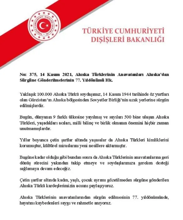 Dışişleri Bakanlığı: Ahıska Türklerine gereken desteği sağlamaya devam edeceğiz