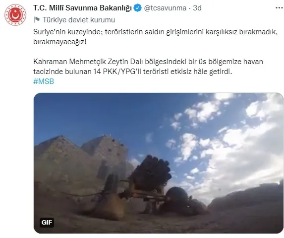 Son dakika: Milli Savunma Bakanlığı: Suriye’nin kuzeyinde 14 PKK/YPG’li öldürüldü