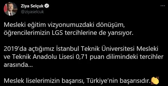 Milli Eğitim Bakanı Ziya Selçuk’tan mesleki eğitim vizyonu açıklaması