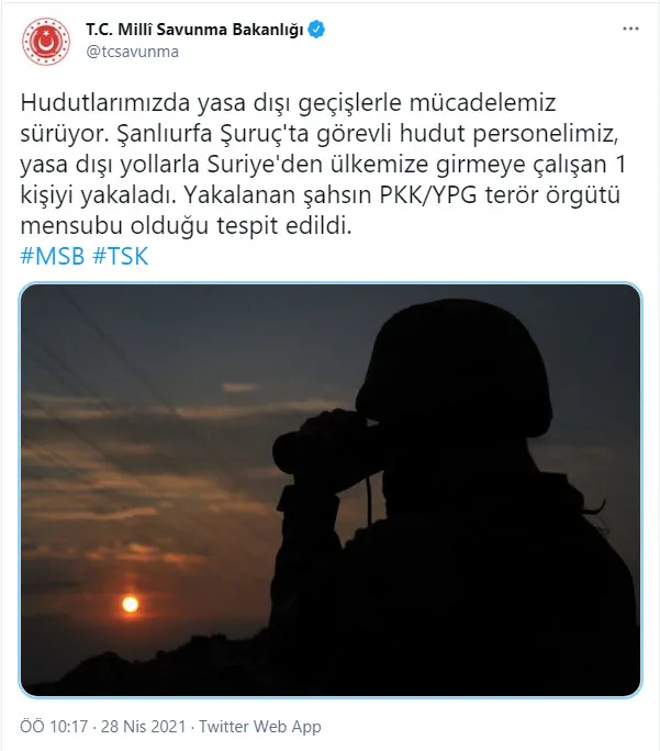 Son dakika | MSB duyurdu: Suriye'den ülkemize girmeye çalışan 1 PKK'lı yakalandı - 1