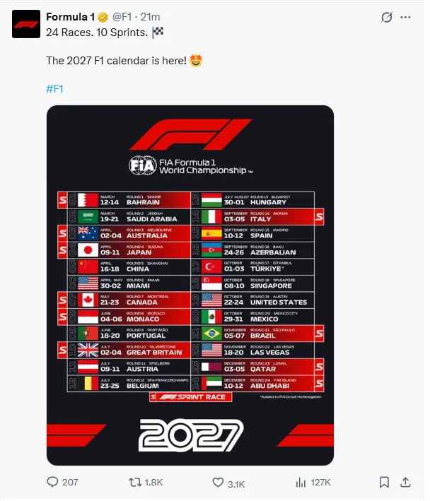 Formula 1'in 2027 resmi takvimi açıklandı: Türkiye Grand Prix'si 1-3 Ekim'de yapılacak - 1