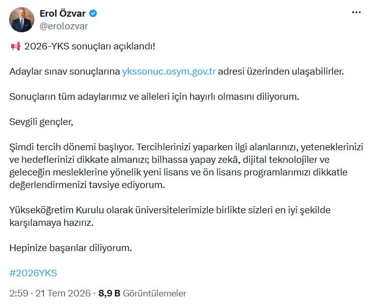 YÖK Başkanı adaylara yapay zeka programlarını önerdi. (Fotoğraf: X)