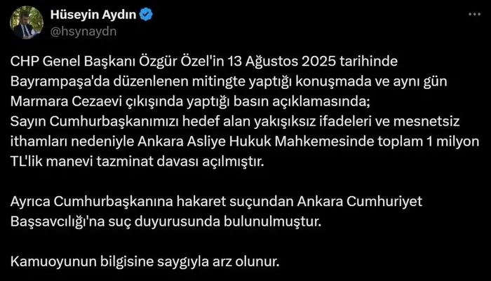 Başkan Erdoğan'dan Özel'e 1 milyonluk tazminat davası - 1