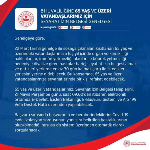 Son dakika: İçişleri Bakanlığı: 65 yaş ve üzerine seyahat belgesi başvurusu için...