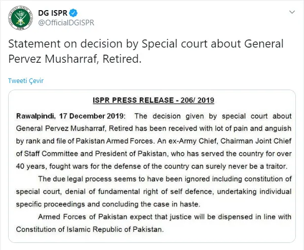 Pakistan Ordusu’ndan flaş Müşerref açıklaması!