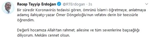 Başkan Erdoğan’dan, Ömer Döngeloğlu için başsağlığı mesajı