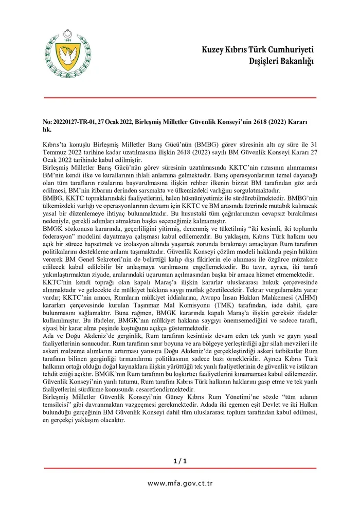 Dışişleri Bakanlığı’ndan BM’nin kararına sert tepki: KKTC’nin açıklamasını tümüyle destekliyoruz