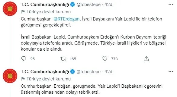 Son dakika: Başkan Erdoğan İsrail Başbakanı Lapid ile görüştü