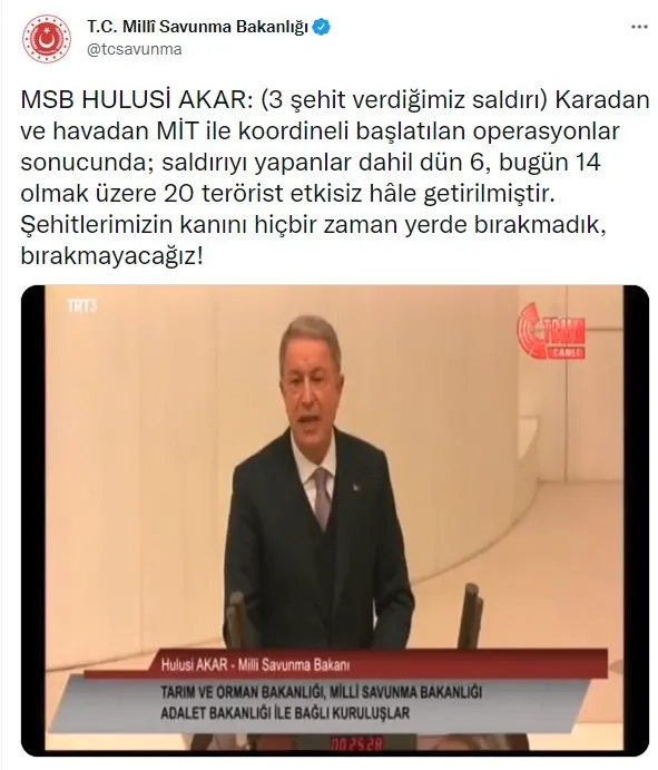 Milli Savunma Bakanı Hulusi Akar duyurdu: 20 PKK'lı terörist etkisiz hale getirildi - 2