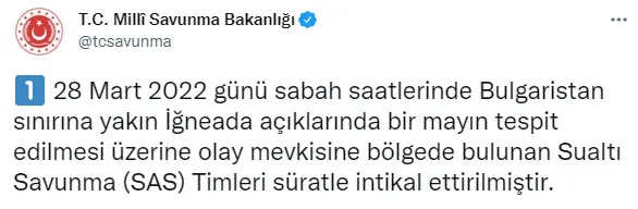 Son dakika: Milli Savunma Bakanlığı’ndan flaş mayın açıklaması! İğneada açıklarında...