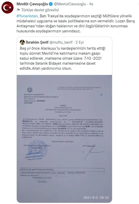 Dışişleri Bakanı Mevlüt Çavuşoğlu’ndan Yunanistan’a müftü tepkisi: Soydaşlarımızın yanındayız