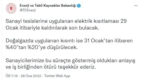 Son dakika: Sanayide enerji kesintisi gideriliyor! Enerji Bakanlığı tarih verdi: 29 Ocak'ta son bulacak - 1