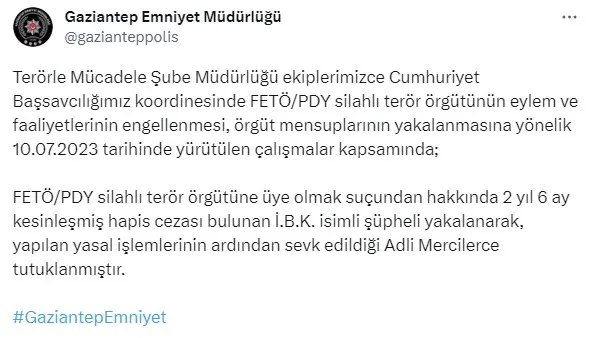 1689028769956.jpg Gaziantep'te kesinleşmiş hapis cezası bulunan FETÖ hükümlüsü yakalandı! - 1