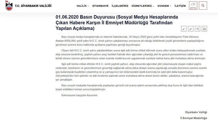 Son dakika: İçişleri Bakanlığı ve Diyarbakır Valiliğinden polis Atakan Arslan’ı şehit eden şüphelinin görüntüleriyle ilgili açıklama