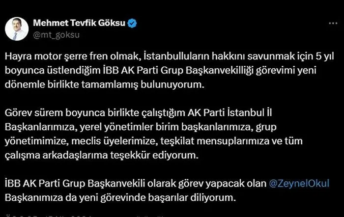 İBB Meclisi AK Parti grubunda görev değişimi! Tevfik Göksu yerine Zeynel Abidin Okul geldi