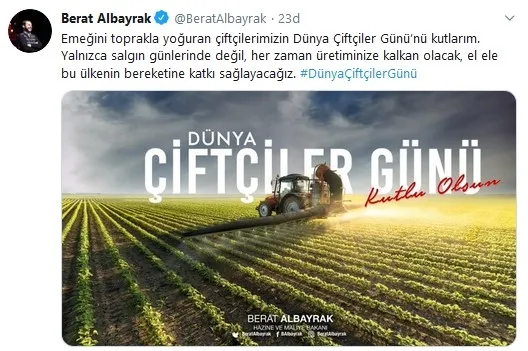 Hazine ve Maliye Bakanı Berat Albayrak’tan ’Çiftçiler Günü’ mesajı