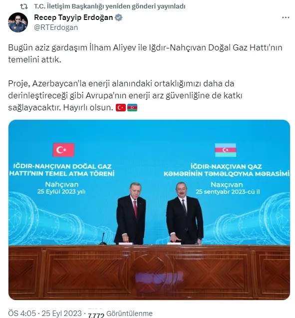 Başkan Erdoğan ile Azerbaycan Cumhurbaşkanı İlham Aliyev Iğdır-Nahçıvan doğal gaz boru hattının temelini attı