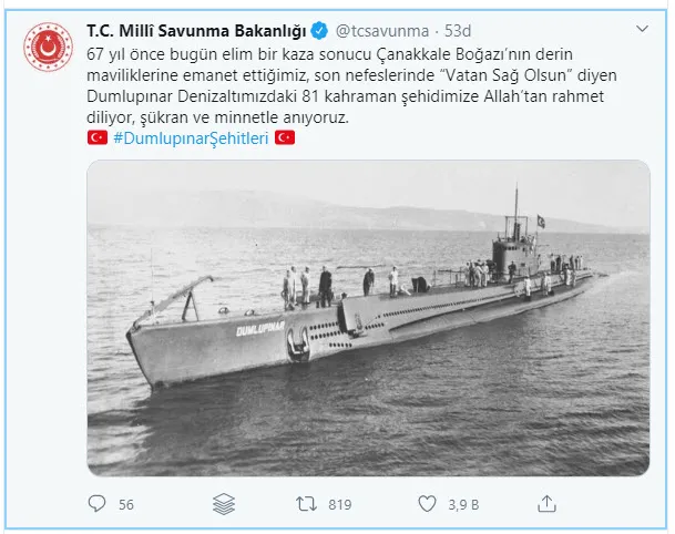 Milli Savunma Bakanlığı, Dumlupınar Denizaltısı şehitlerini andı