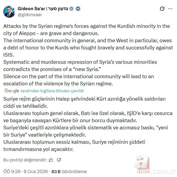 Katil İsrail Terör örgütü SDG’ye Halep üzerinden sahip çıktı Siyonist Bakan Saar'dan skandal açıklamalar 2