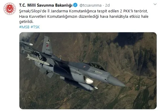 Milli Savunma Bakanlığı: Şırnak Silopi’de 2 PKK’lı terörist öldürüldü