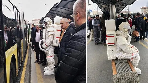Uzunçayır’da metrobüs bekleyen ’astronot’ büyük şaşkınlığa neden oldu