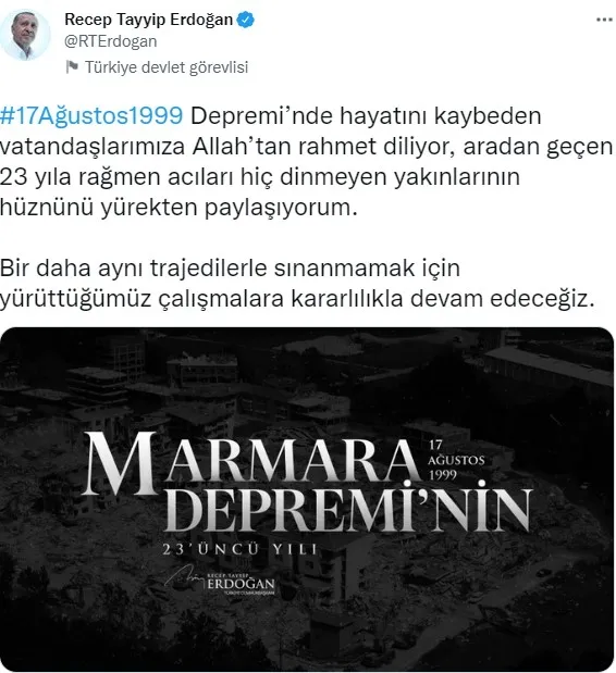 Başkan Erdoğan’dan 17 Ağustos 1999 depremi paylaşımı