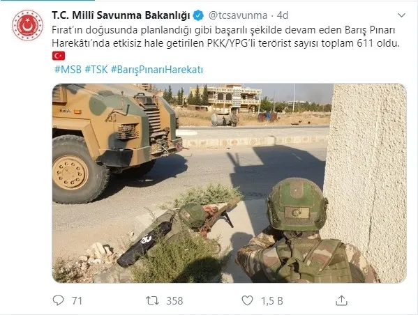 Barış Pınarı Harekatı’nda 611 terörist etkisiz hale getirildi