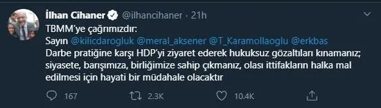 CHP'li İlhan Cihaner'den Kobani olayları kapsamında gözaltına alınan HDP'li isimlere destek çağrısı - 1