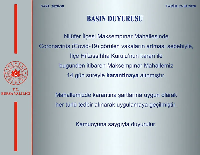 Bursa'da 1 mahalle daha karantinaya alındı - 1
