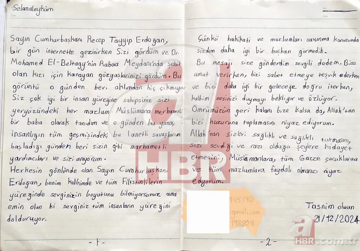 12 yaşındaki Gazzeli Tasnim Olwan’dan Başkan Erdoğan’a Türkçe mektup: Mazlumları savunma konusunda sizden daha iyi bir başkan görmedik