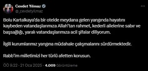 CUMHURBAŞKANI YARDIMCISI YILMAZ’DAN BAŞSAĞLIĞI MESAJI