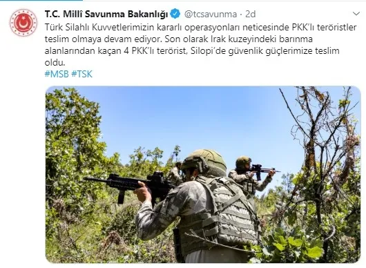 MSB’den son dakika açıklaması: 4 PKK’lı terörist Silopi’de teslim oldu