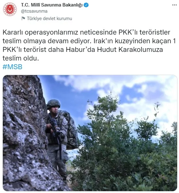 msb-1-pkkli-terorist-hudut-karakolumuza-teslim-oldu-1659458045051.jpg MSB: Habur'da 1 PKK'lı terörist teslim oldu - 1