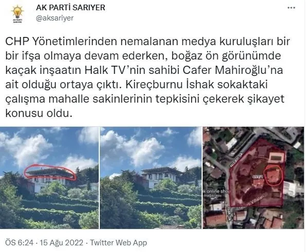 CHP’nin fonladığı Halk TV’nin sahibi Cafer Mahiroğlu’ndan Boğaz’da bir kaçak yapı skandalı daha!