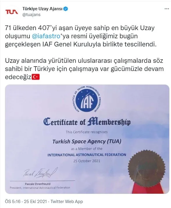 Türkiye’nin uzay adımı! Uluslararası Astronot Federasyonu üyeliği tescilledi