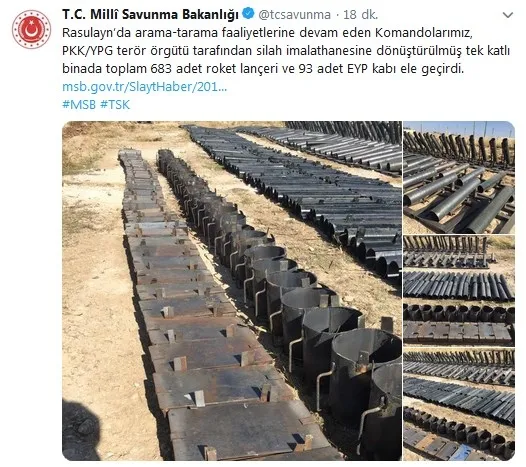 Son dakika: Milli Savunma Bakanlığı: PKK-YPG’nin silah imalathanesi bulundu