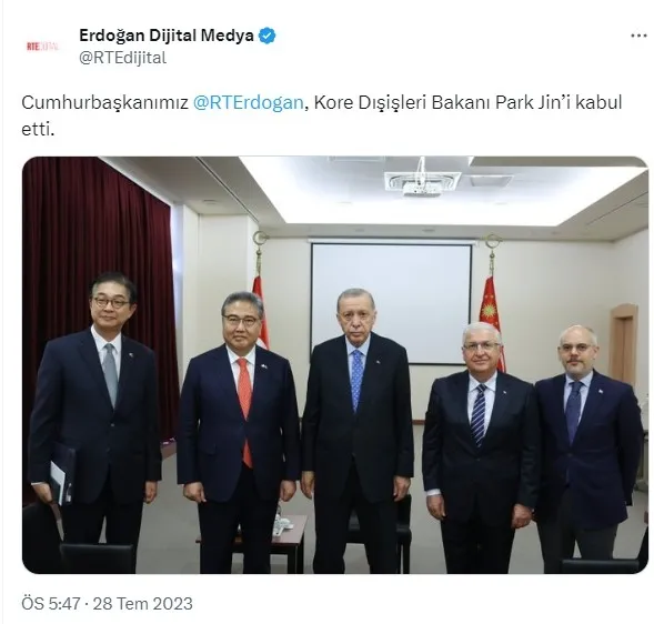 Başkan Recep Tayyip Erdoğan Güney Kore Dışişleri Bakanı Park Jin’i kabul etti