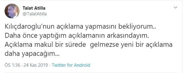 Talat Atilla Kemal Kılıçdaroğlu’na süre verdi: Açıklama makul bir sürede gelmezse...